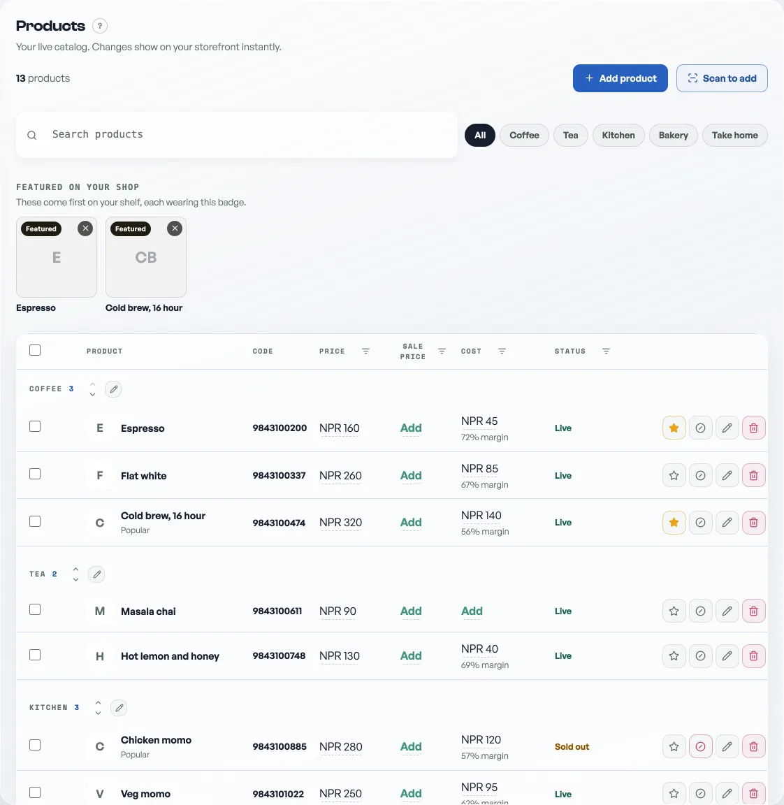The Products tab with the catalog list
