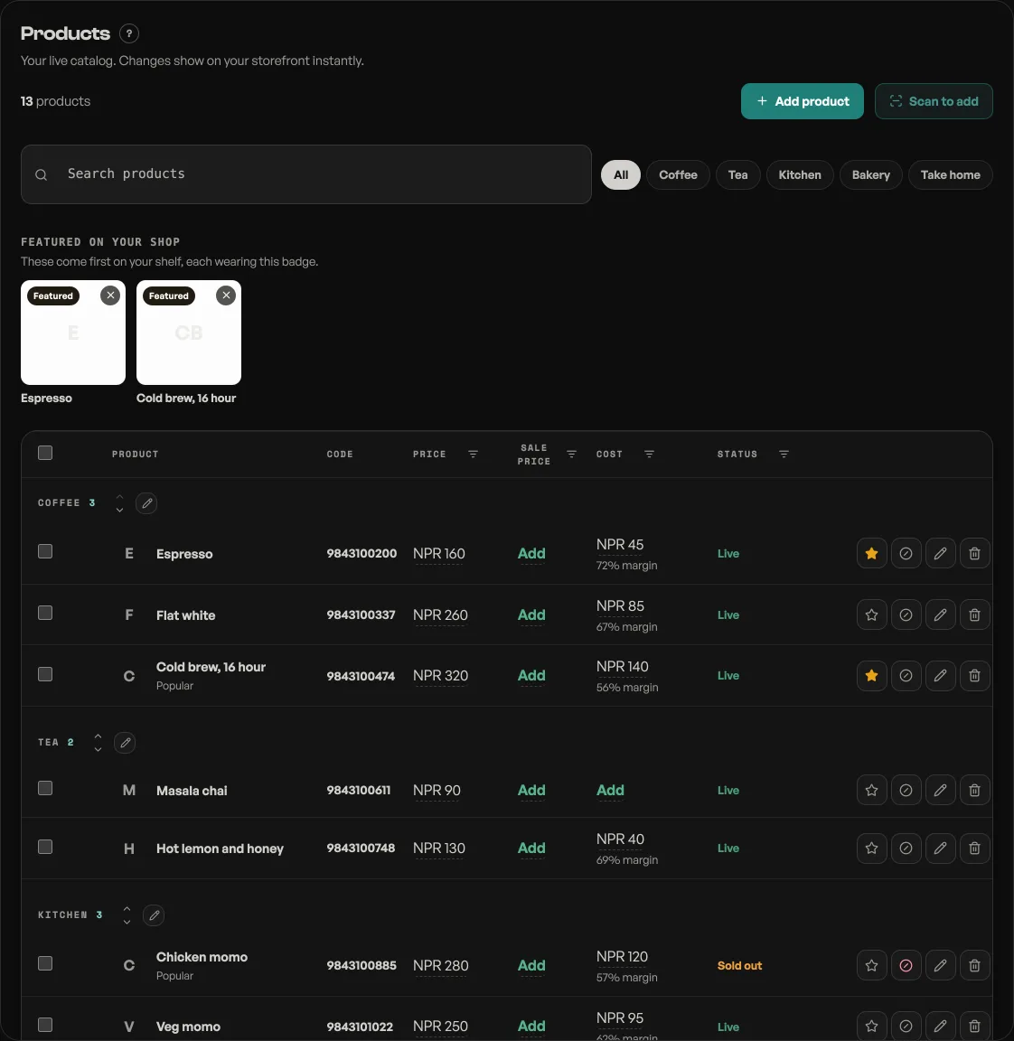 The Products tab with the catalog list