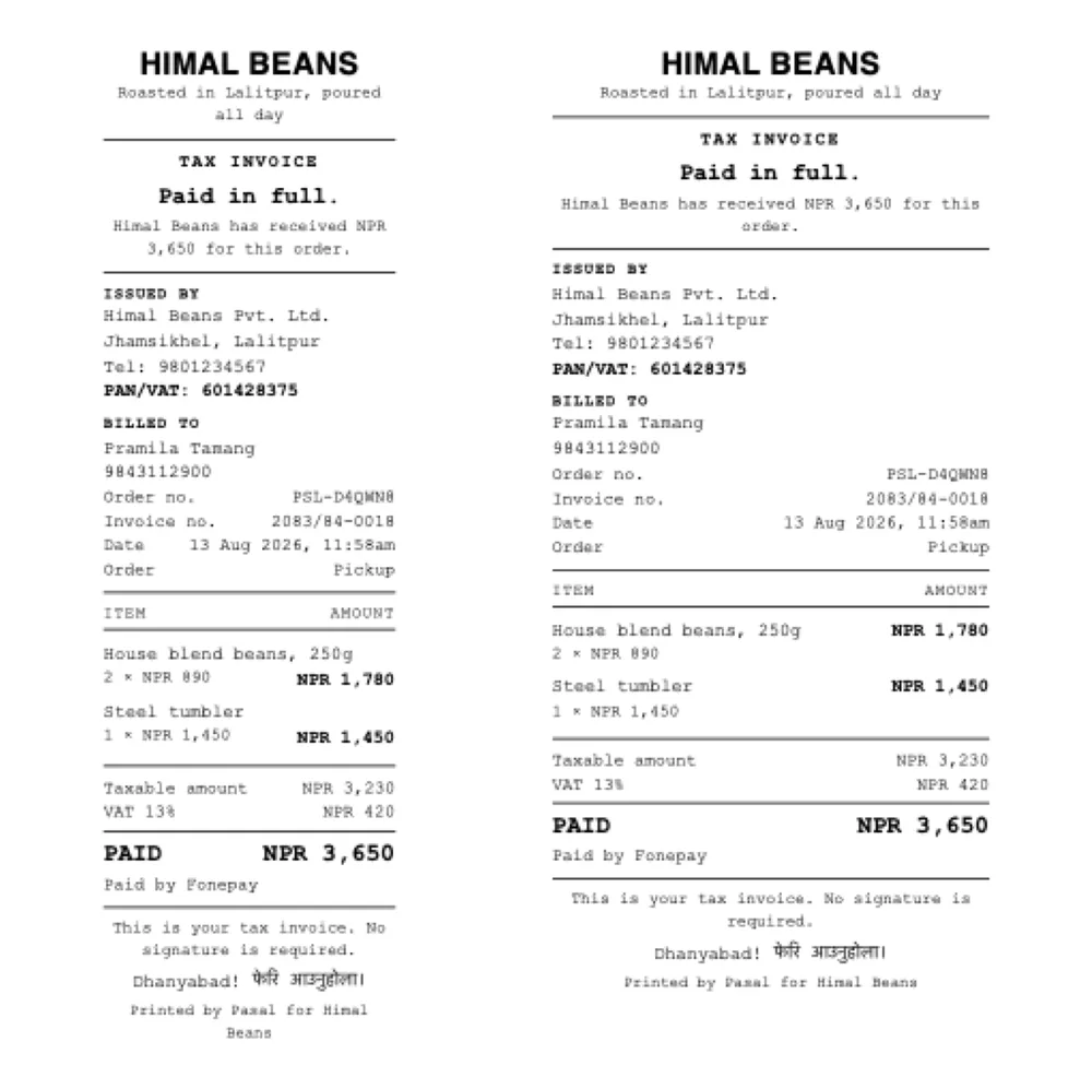 The same bill printed twice, narrow on the left and wide on the right, each headed Tax invoice and Paid in full