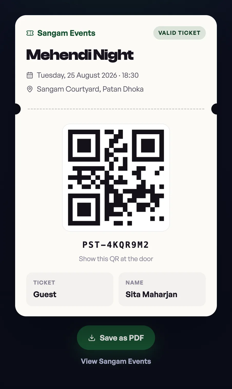 A Pasal ticket with its QR code, ready for the door